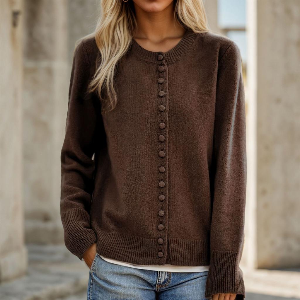 Women's Lightweight Cardigans Button Down Crewneck Loose Solid Knitted Sweater Coat Long Sleeve Casual Outerwear