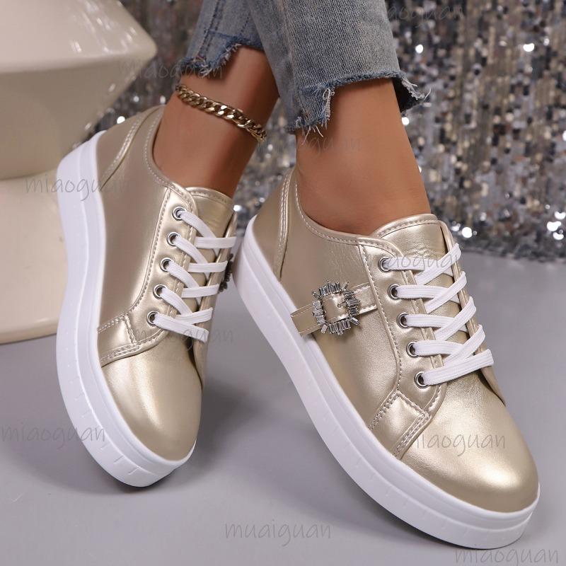 Women's Sneakers Gold Silver Low Top Casual Sports Shoes Women Metal Decor Comfortable Non Slip Walking Shoes Size 36 43