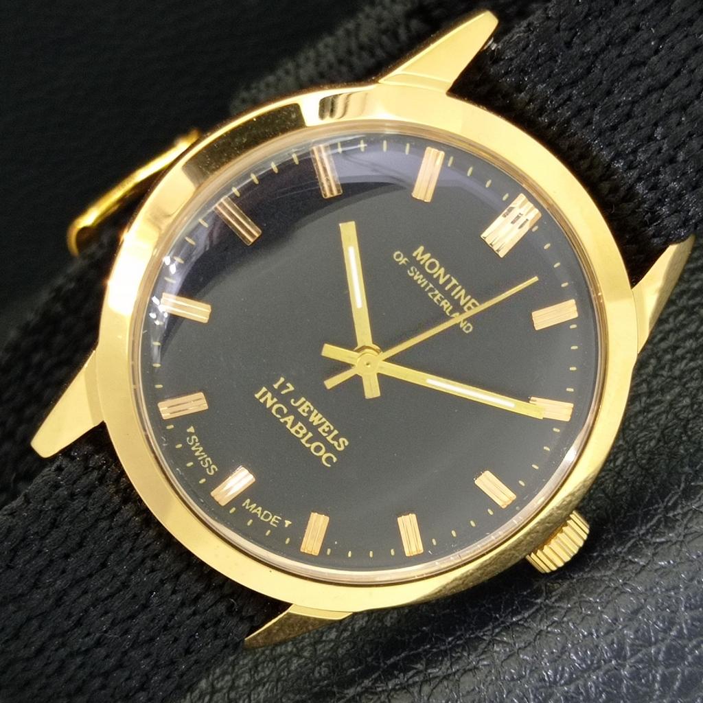 

SWISS VINTAGE MONTINE HAND-WINDING MENS REFURBISHED BLACK DIAL WATCH a441078-1