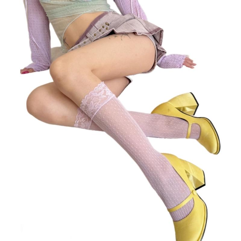 Womens Lace Knee Highs Socks Girls Ruffle Knee Highs Sheer Trouser Socks Mesh Fishnet Stockings Over the Calf Socks