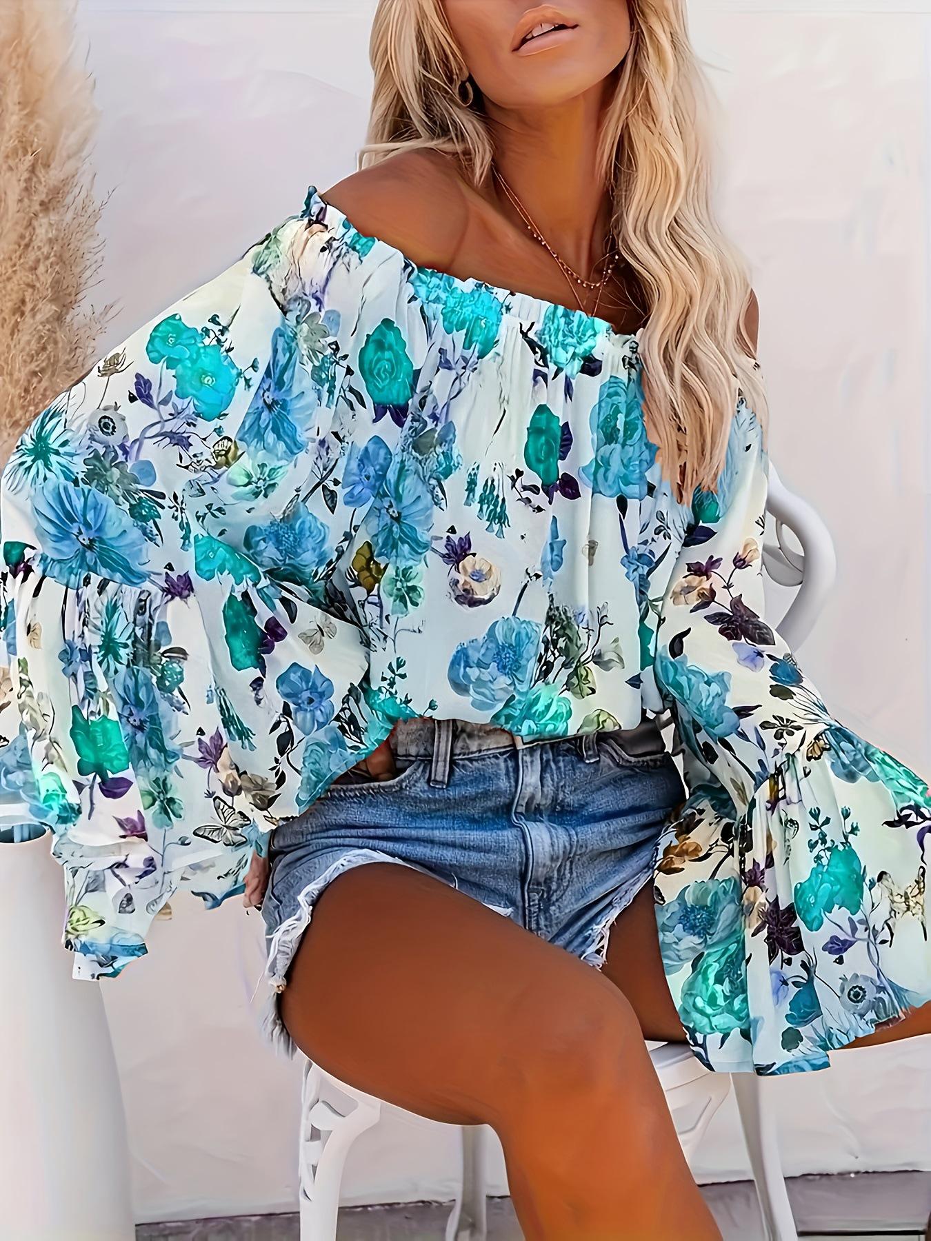 

Spring/Summer Floral Off-the-Shoulder Bell Sleeve Top 4XL небесно-голубой