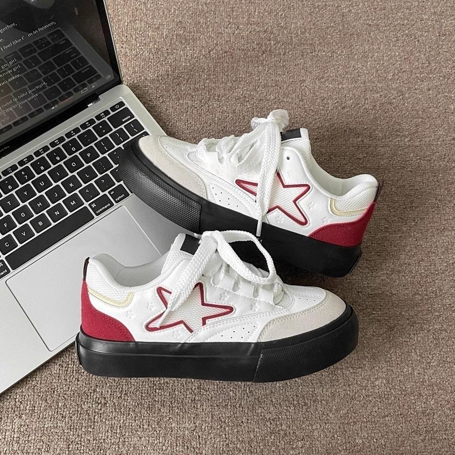 Retro platform white shoes women's spring and summer new round head casual lace-up board shoes women