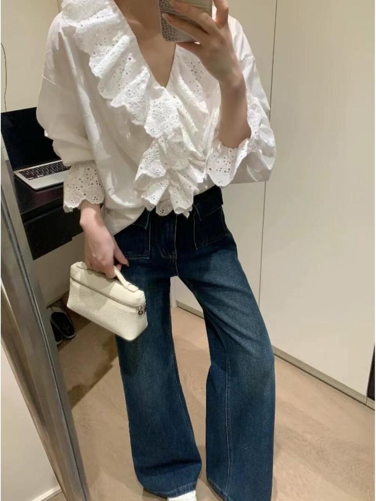 Elegant French V-Neck Ruffle Flare Sleeve Women's Top - Autumn Style