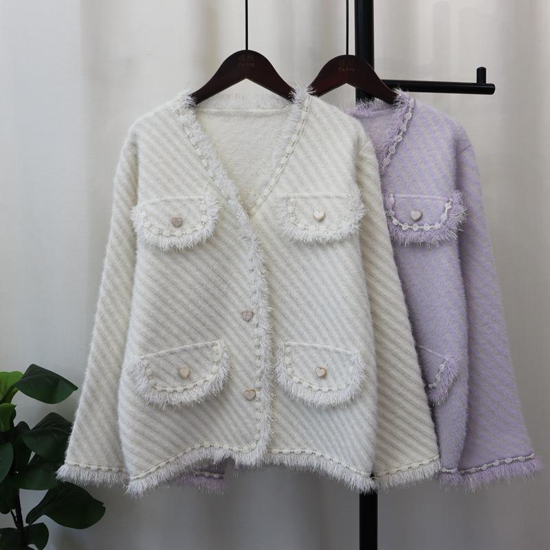 Autumn and Winter New Imitation Mink Velvet Knitted Cardigan Love Buckle High-end Temperament Sweater Jacket Women