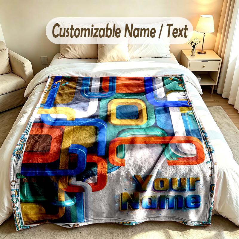 Abstract Geometric Theme Custom Blanket Personalized Name & Text Customized Soft Warm Throw Blanket Home Decor