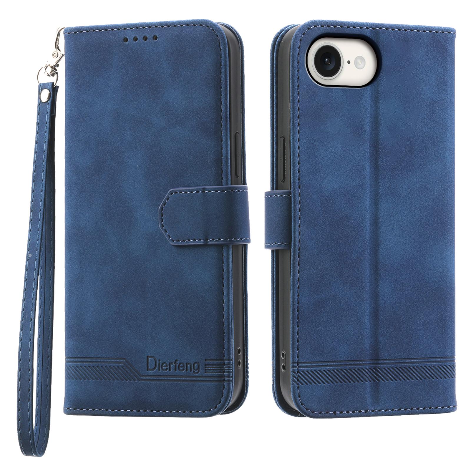 

DIERFENG DF-03 For iPhone 16e Wallet Cover Card Slot Lines Imprinted Phone Case Blue