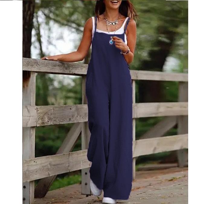 Summer Solid Color Women's Casual Pocket Suspender Jumpsuit