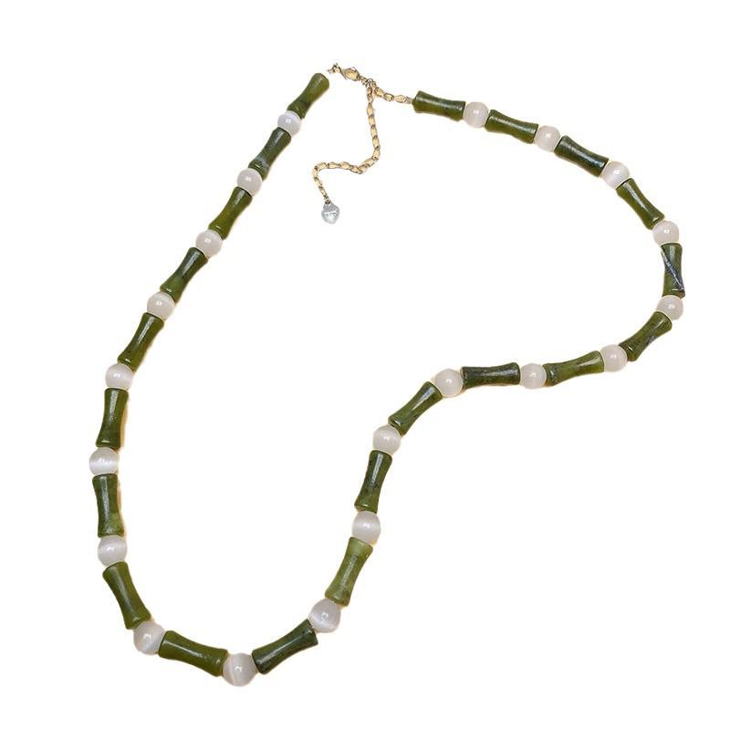 S925 Silver Bamboo-Style Necklace with Natural Olive Jade & Cat's Eye Beads: New Chinese Style for Men & Women