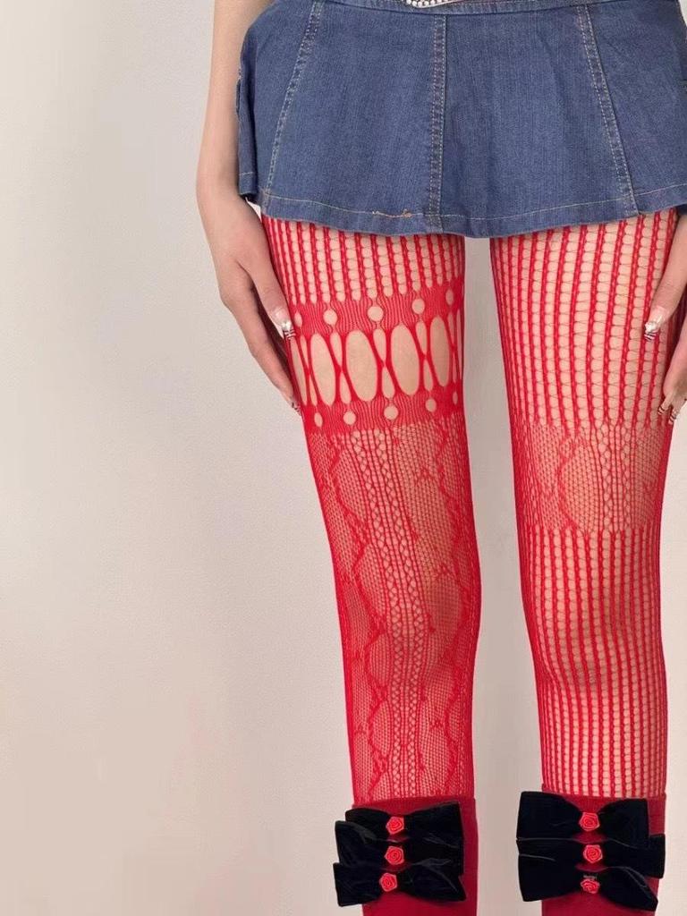 Sexy Fishnet Lace Stockings with Vertical Stripes & Heart Patchwork