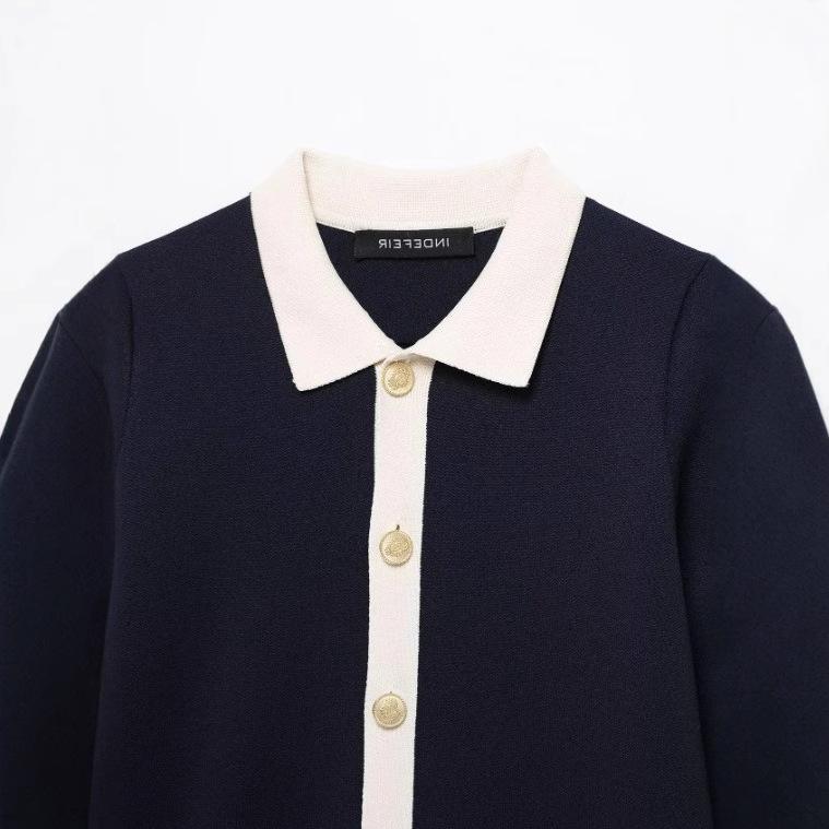 TAOP&ZA Women's Early Spring Color Block Turn-Down Collar Long Sleeve Knitted Dress