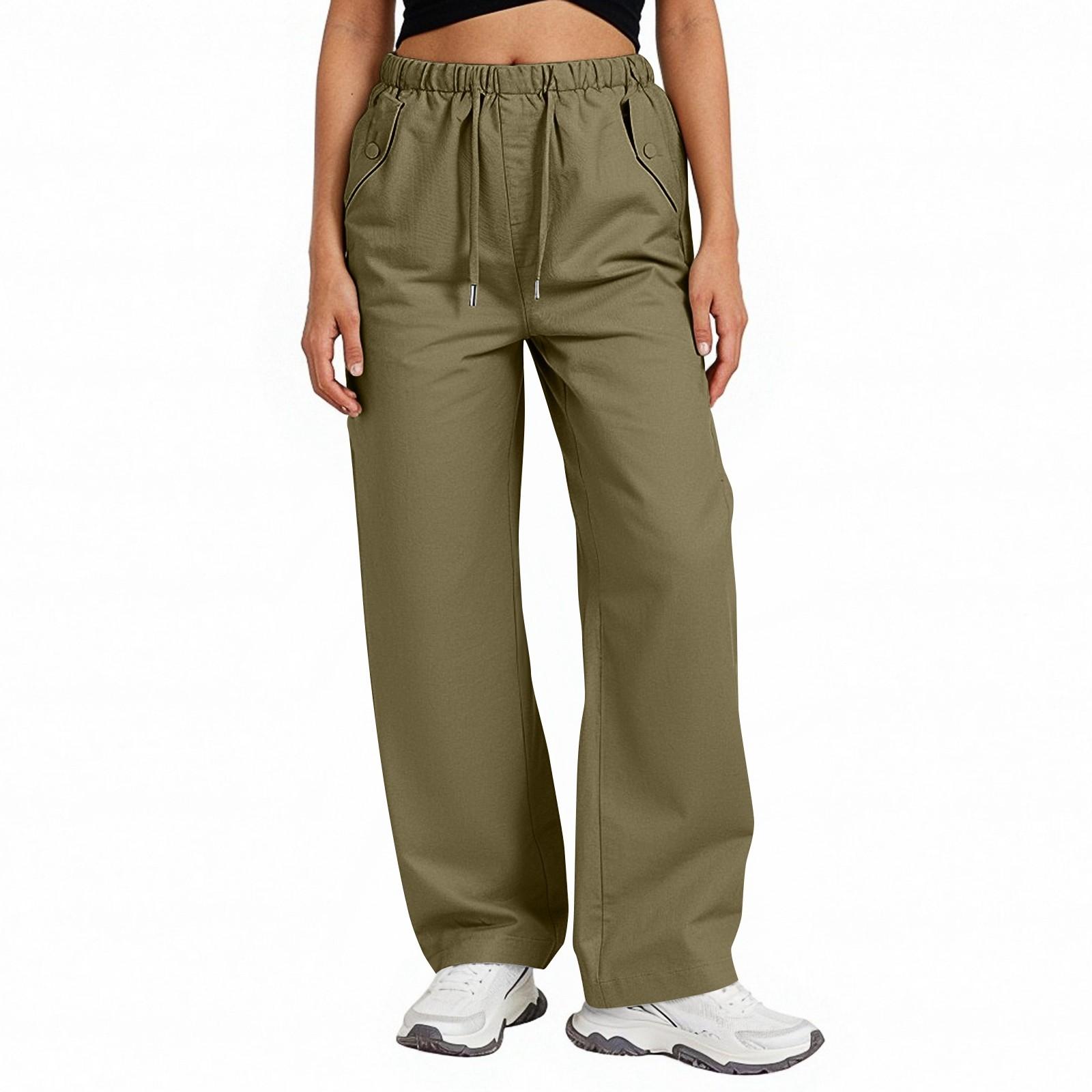 

Женские спортивные брюки повседневные свободные однотонные с высокой посадкой и карманами L армия зеленый