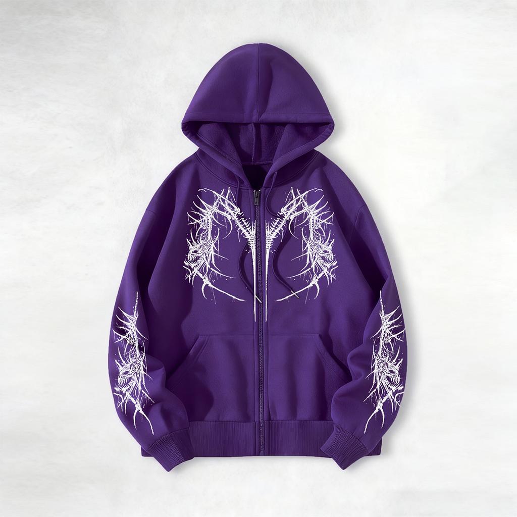 Avant-garde dark aesthetic skeleton-print hoodie, zip-up hoodie
