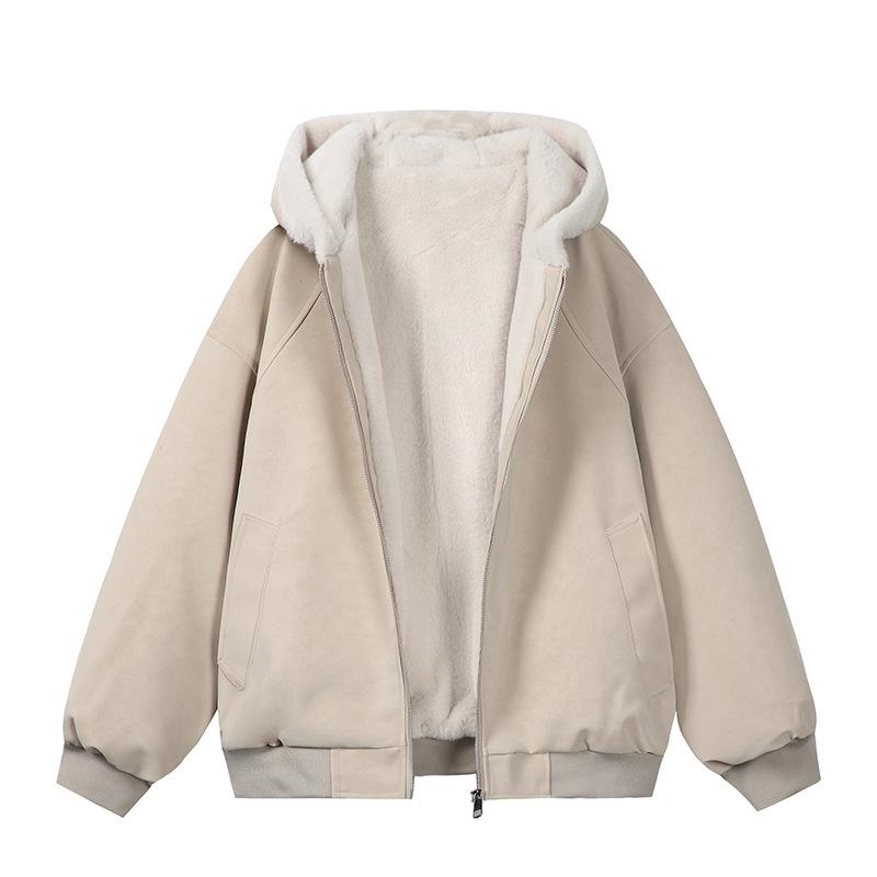 Zuo Shan Diao Winter Leather Jacket with Fur Collar - Couple Style, Plush Velvet, Thickened Cotton, Lychee Pattern