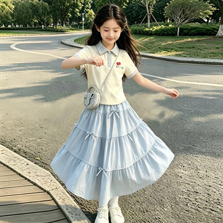 Girls Korean-Style High-Waisted Pleated Long Skirt Set - White Layered Summer Skirt 150cm