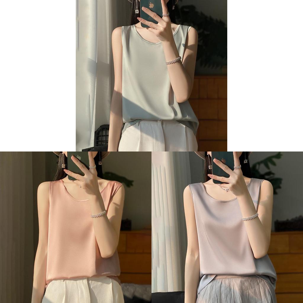 Silk Satin Summer Womens Sleeveless T Shirt With Round Neck For Office Wear