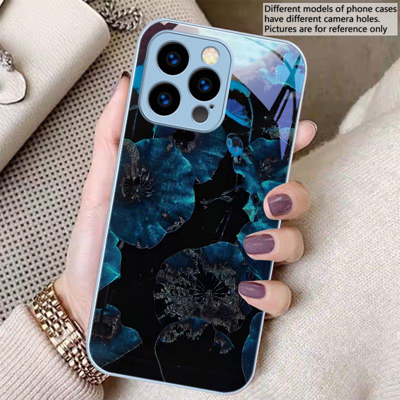 Light luxury lotus leaf For iPhone 16 E 15 14 13 Plus 12 mini 11 Pro Max XR Xs Max X 7 8 P lus 6 6S 22 Tempered Glass Phone Case