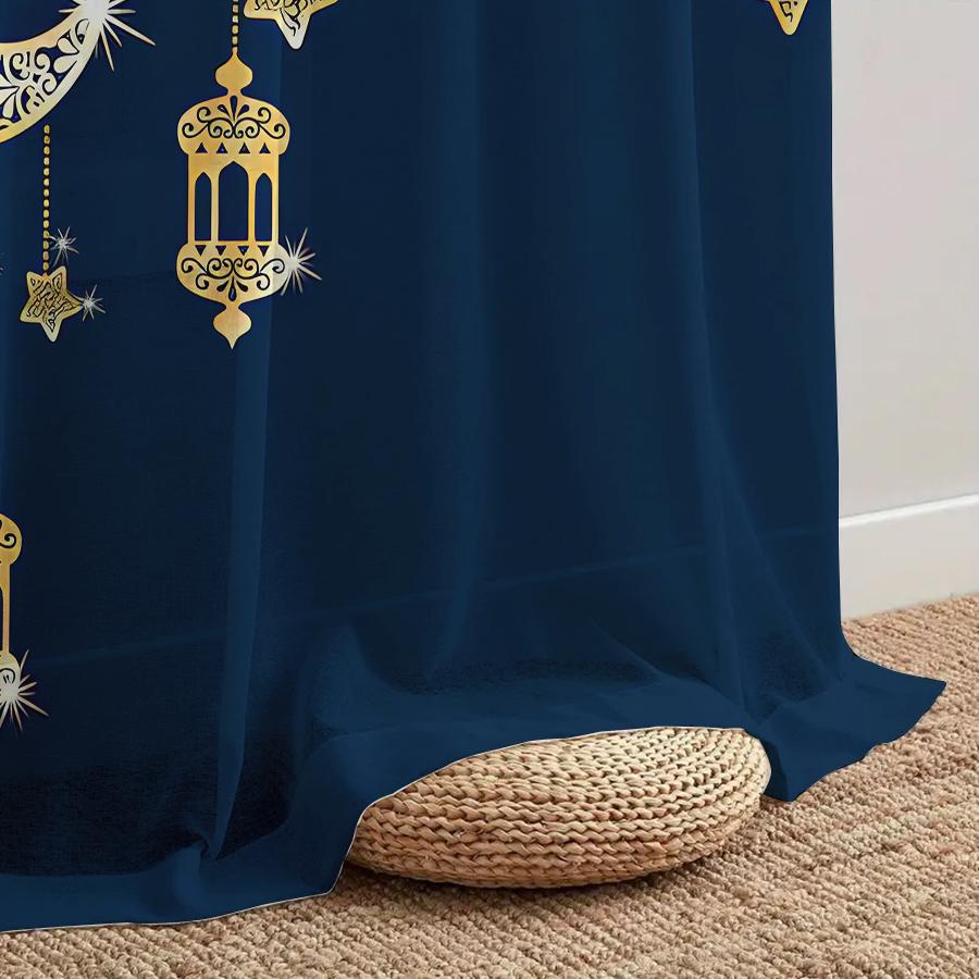 Single Panel Tibetan Blue Bottom Golden Star Moon Lantern Curtain Ramadan Festival Style Living Room Bedroom Transparent Polyester Ideal For Sitting