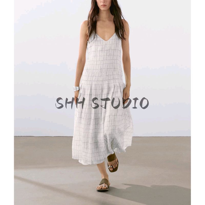 MD Summer New Arrival Women's Clothing Island Vacation Style Gentle French Plaid Mid-Length Sling Dress 6606865