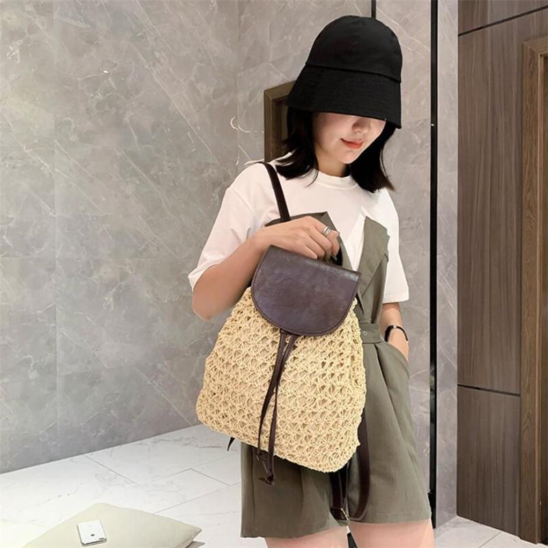 Yogodlns New Women's Backpack Crochet Paper Rope Braided Drawstring Women's Straw Backpack Summer Travel Outing Ladies Woven Backpack