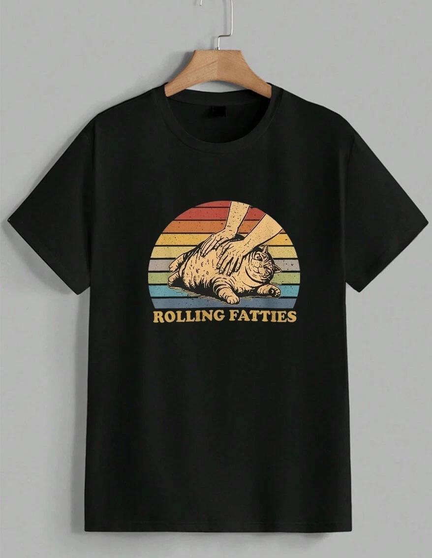 Funny Rolling Fatties Cat T-Shirt Chonky Kitty Retro Sunset Graphic Tee Unisex S
