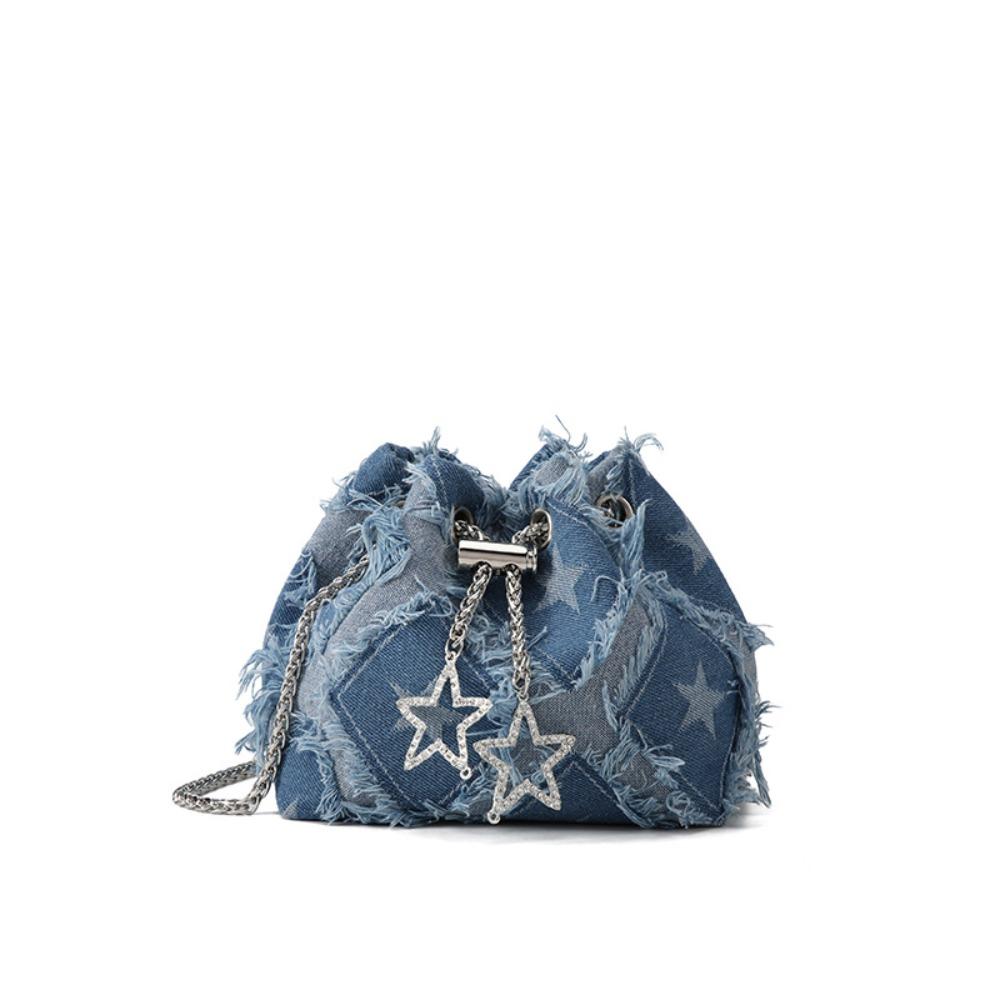 

Кисточка Металлическая Цепочка Сумка Через Плечо Стразы Ткань Сумка На Плечо Звезда Деним Сумка Ведро Вечеринка светло-синий
