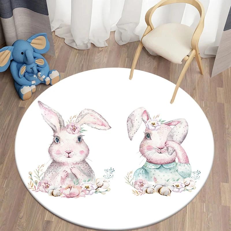 Cartoon Bunny Print Round Carpet Rabbit Area Rugs Circle Carpets for Living Room Floor Mat Polyester Anti-Slip Mats for Children