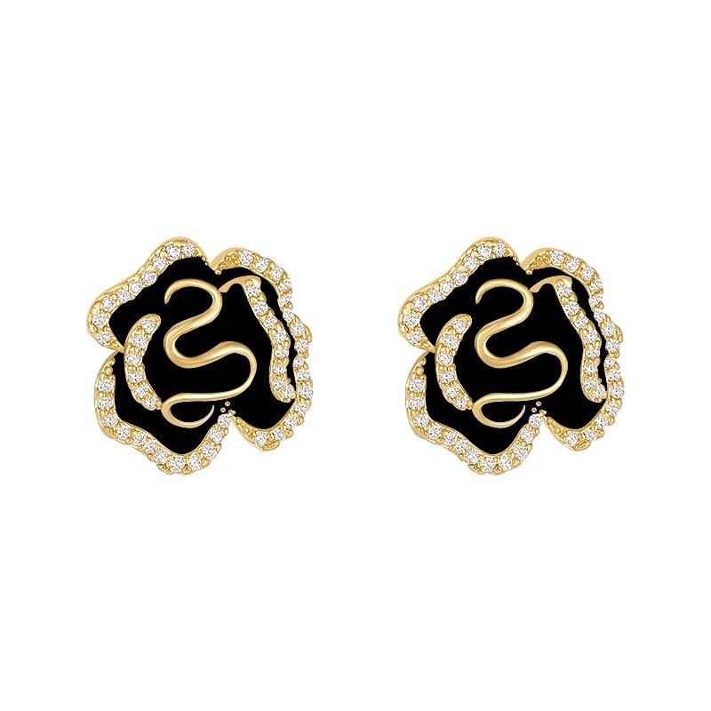 New Luxury Micro Set Zircon Black Camellia Flower Earrings for Womens Korean Fashion Jewelry Party Exquisite Accessories