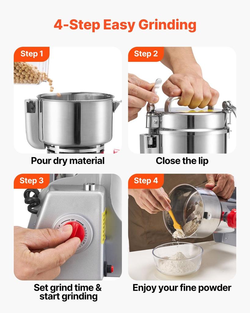 Electric Grain Mill Grinder, 800g Commercial Spice Grinders, High Speed 2100W Stainless Steel Pulverizer Powder Machine, for Dry Grains, Spices,