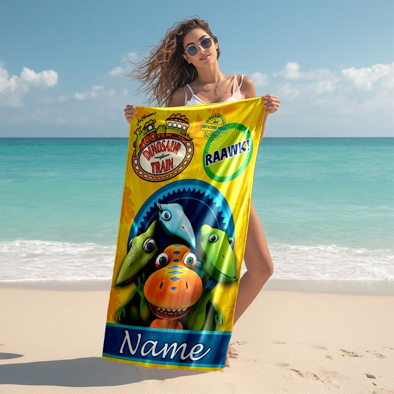 Personalized customized proof beach towel with Dinosaur Train pattern - soft, absorbent, quick-drying, perfect swimming, camping&bathing