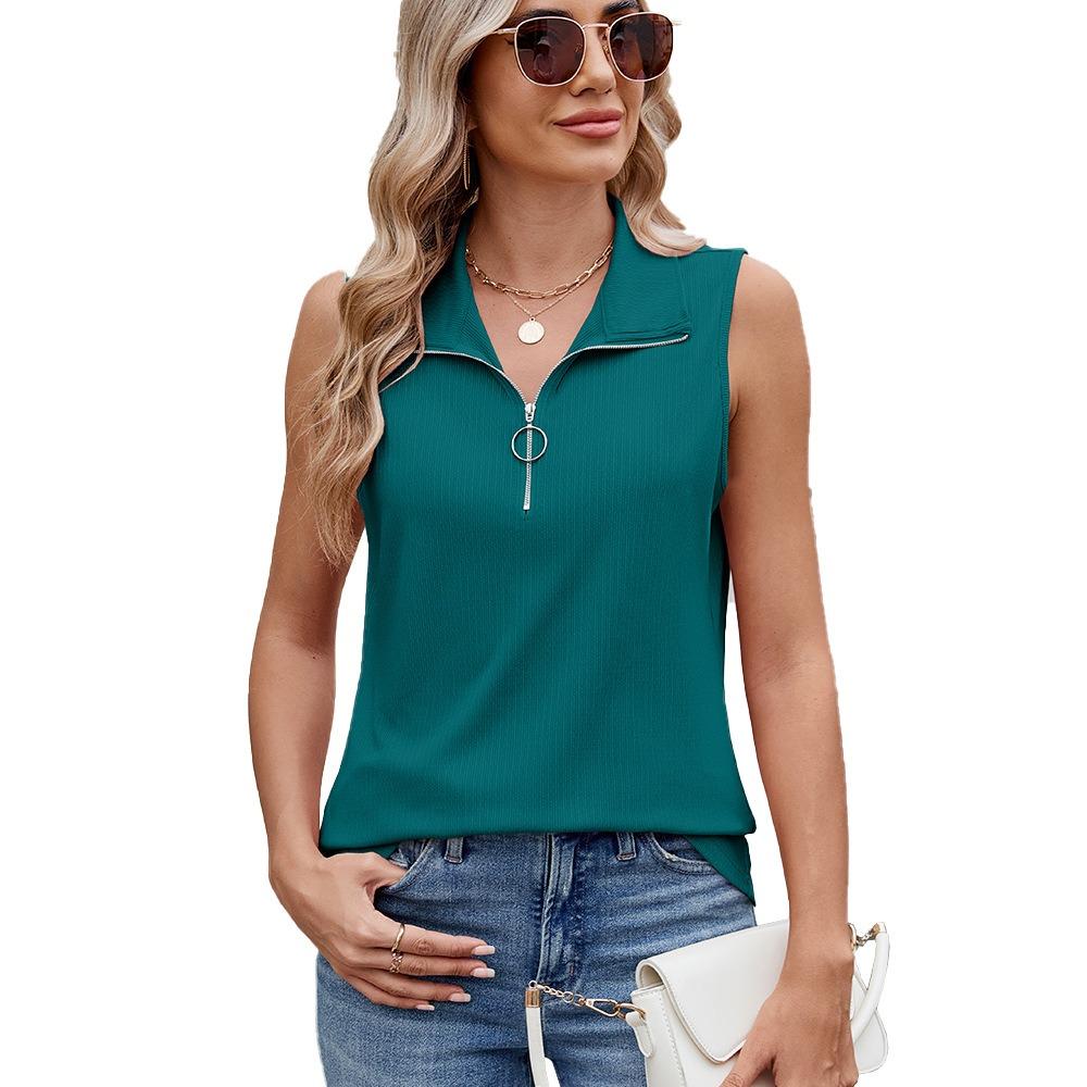 Women's Zip‑Up Collar Sleeveless Ribbed Tank Top Regular Fit Casual Solid Spring Summer Women Tee