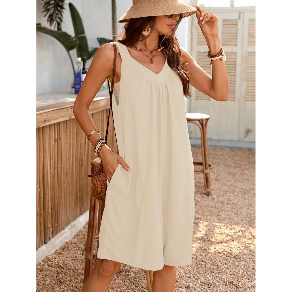 Summer New Solid Color V-neck Loose Pocket Sleeveless Jumpsuit