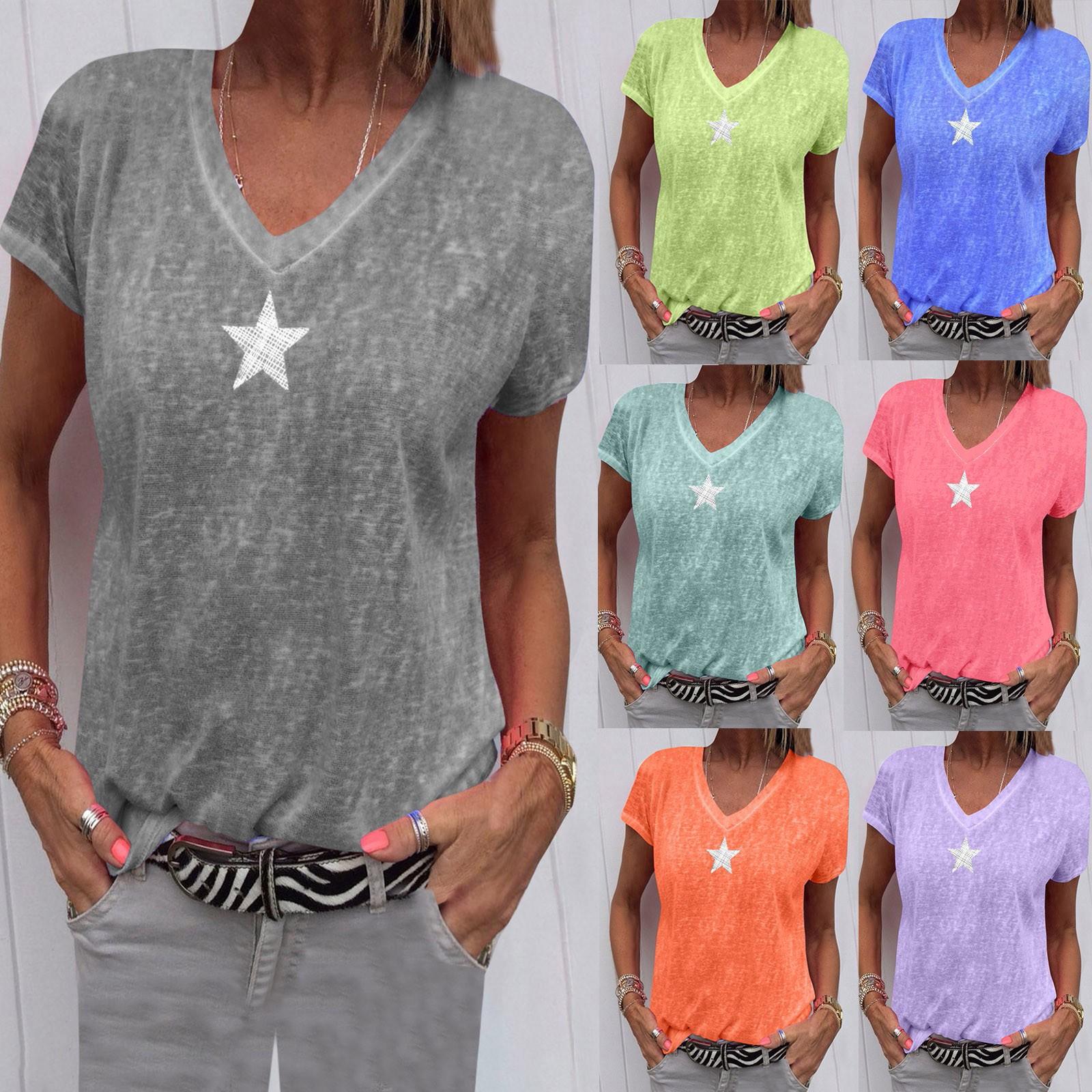 

Женская мода, новая летняя повседневная футболка с короткими рукавами и v-образным вырезом, пятиконечная звезда, топы M синий