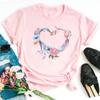 New Women Black T Shirt Feather Flower Love Heart Printed Tops Ladies Female Cute Graphic Tee Shirts Women O-Neck T-Shirts Tops