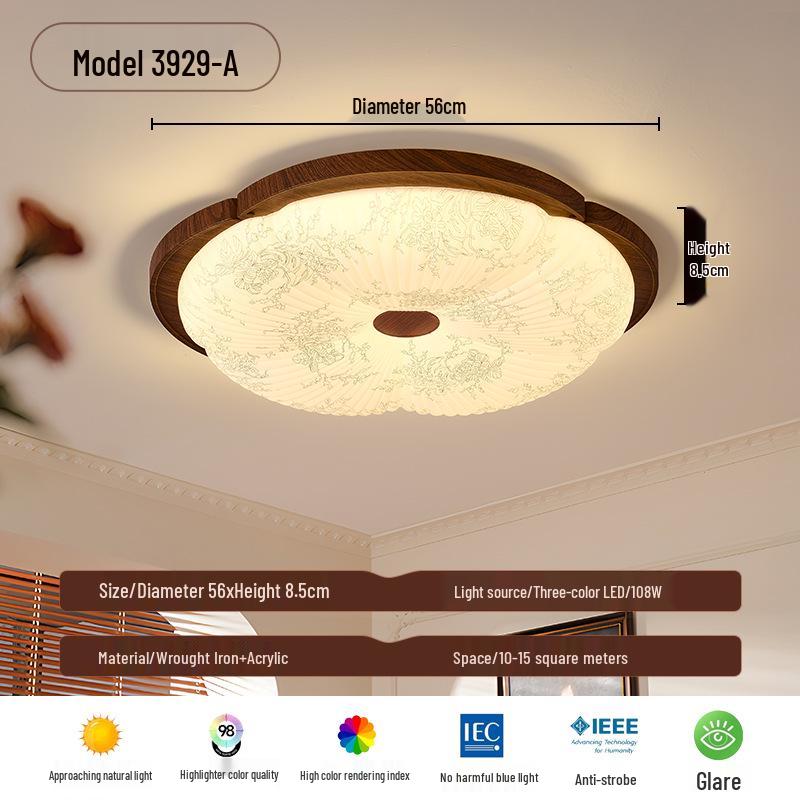 Chinese Style Walnut Wood Grain Ceiling Light for Study or Master Bedroom, Retro Wabi-Sabi Design, Eye Protection Eye Protection No Flicker - Three Color Light