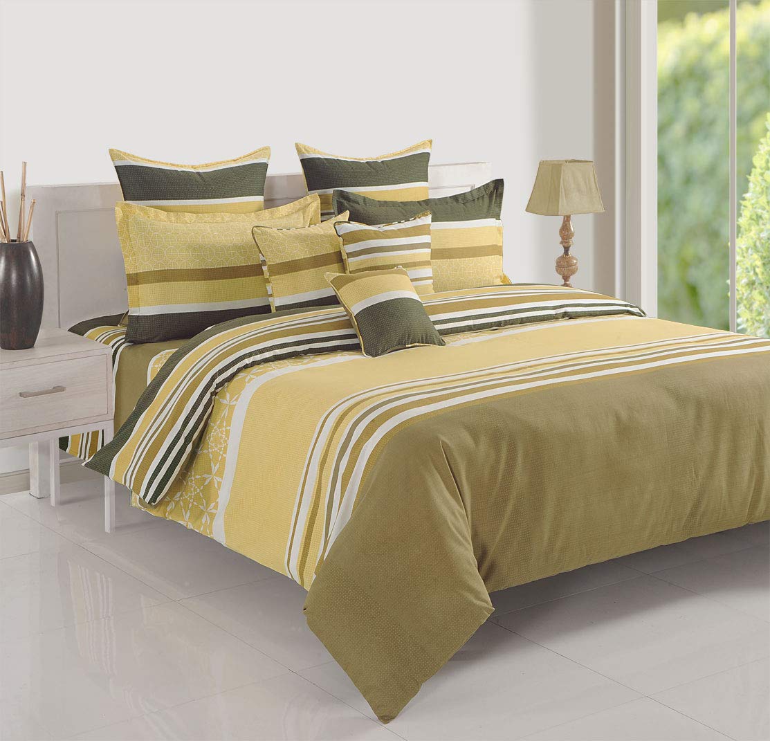 

144 TC Stripes Printed Хлопковая двуспальная простыня с 2 наволочками — зеленый и бежевый Double Bed
