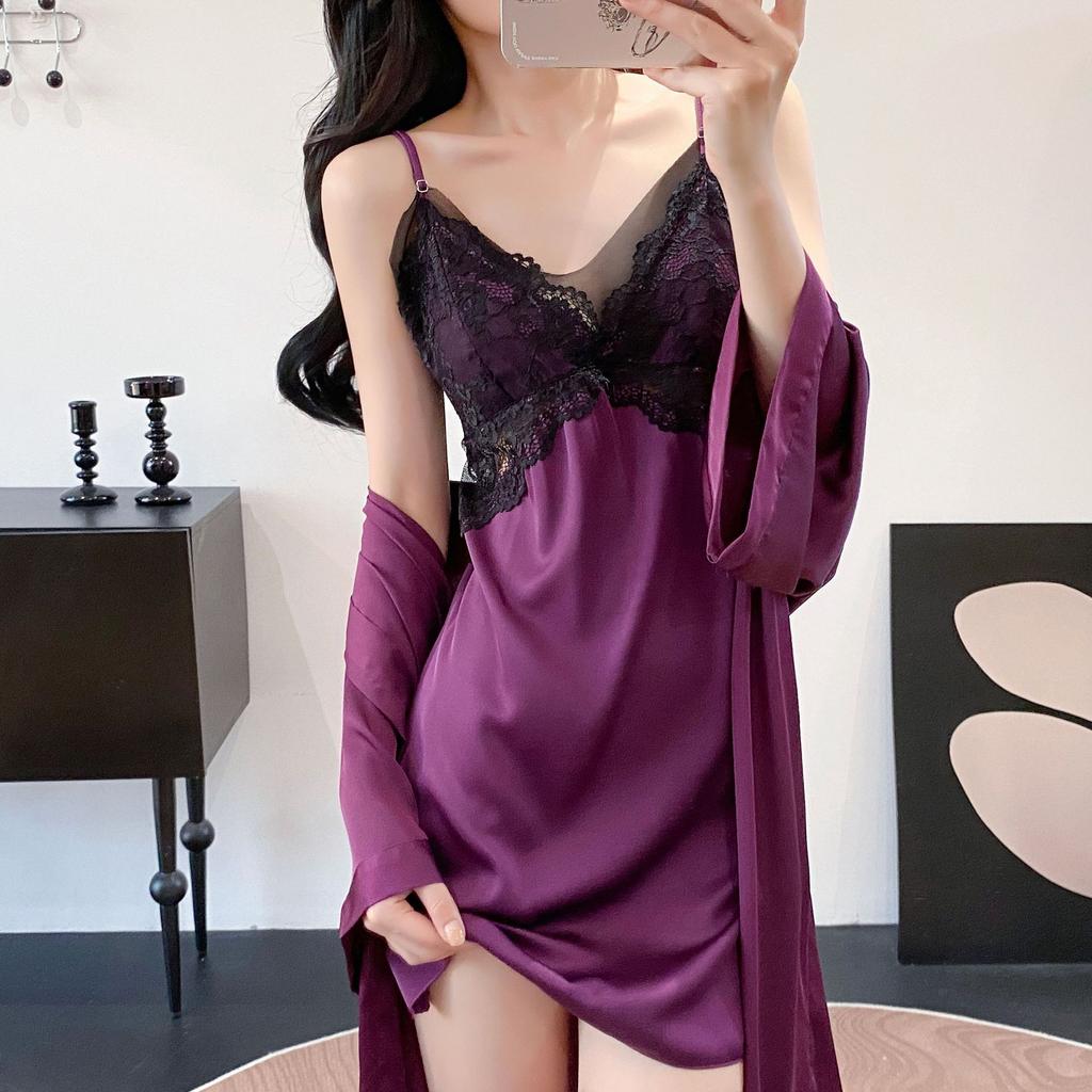 New sexy women's summer nightgown lace simulation silk erotic underwear Internet celebrity explosion suspender pajamas loungewear