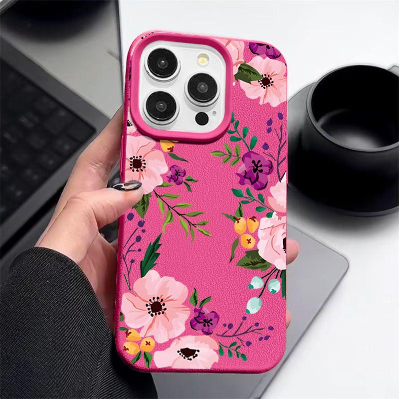 Matte Leather Texture TPU Soft Phone Case For iPhone 16 Pro Max 15 Pro 14 13 12 11 Floral Print Slim Shockproof Bumper Cover