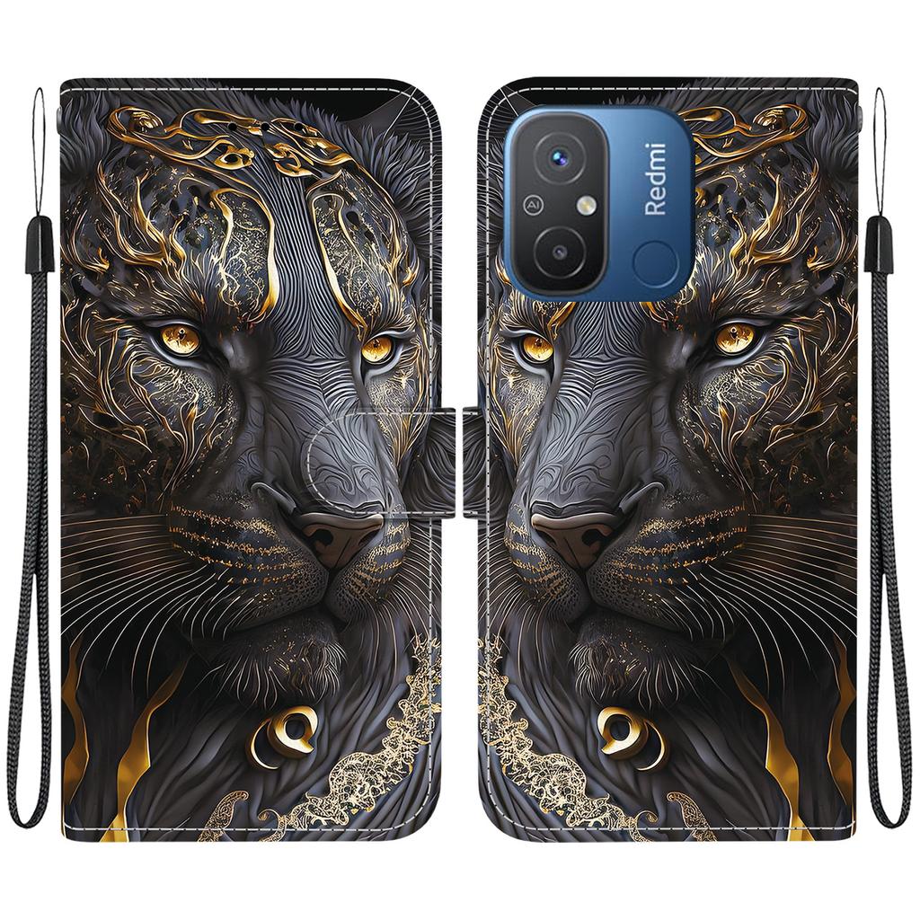 Handmade PU Leather Flip Case for Redmi 12C/Redmi 11A Anti-Slip Shockproof Cover with Wrist Strap & Heart/Rose Cat Designs