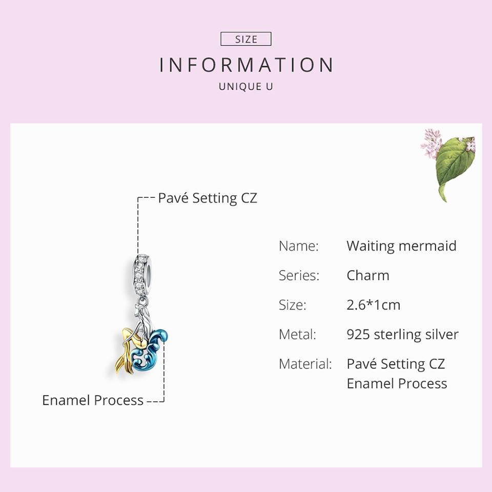 BAMOER Waiting Mermaid Pendant for Necklace Sterling Silver 925 Enamel Design Charms