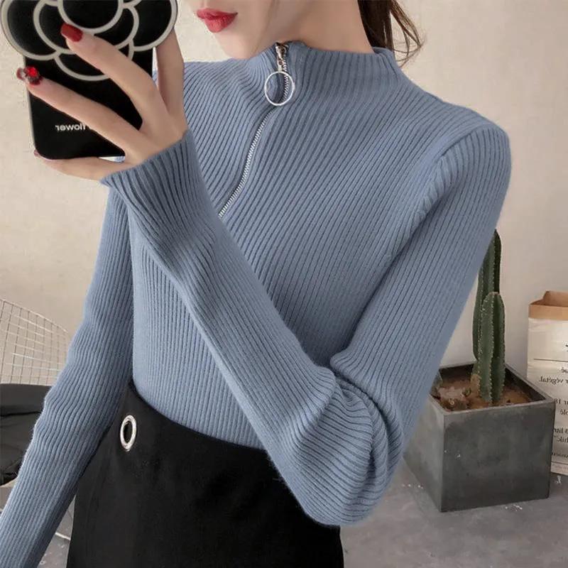 Pletené dámské svetry s poloviční výstřihem na zip, pulovry, podzimní a zimní, základní dámské svetry, štíhlé, pevné, pletené, pull Femme topy