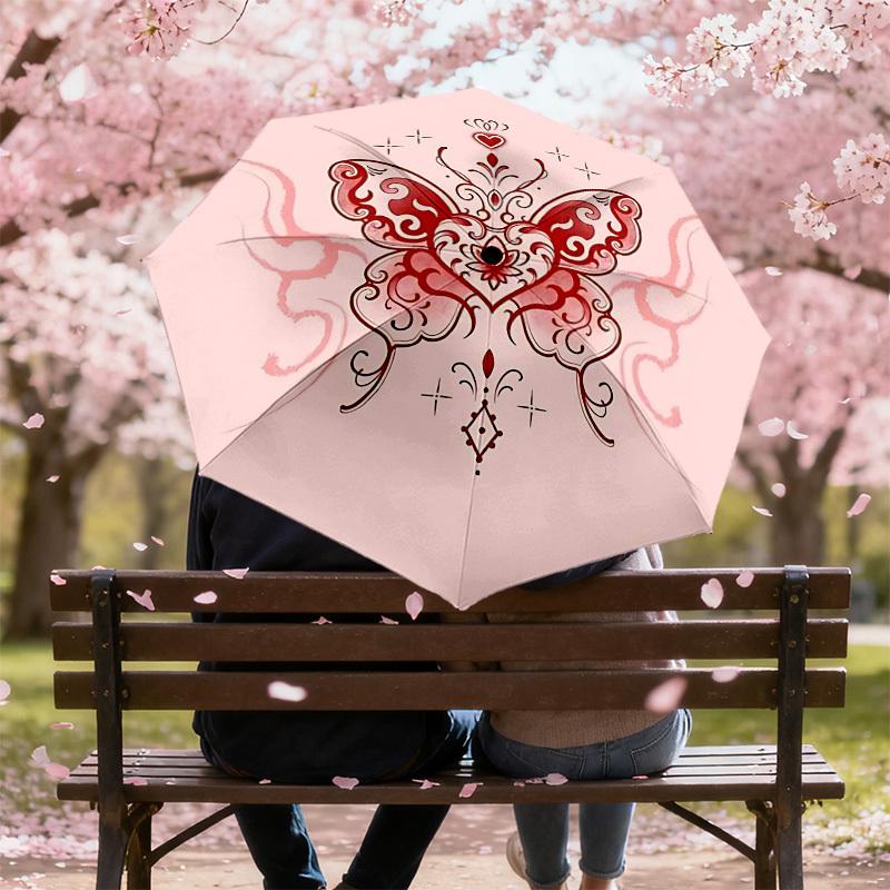 1pc Butterfly Heart Automatic Folding Umbrella 8 Rib Iron Frame,  Suitable for Travel, Daily Use, Birthday, Women & Men Gift c1231067