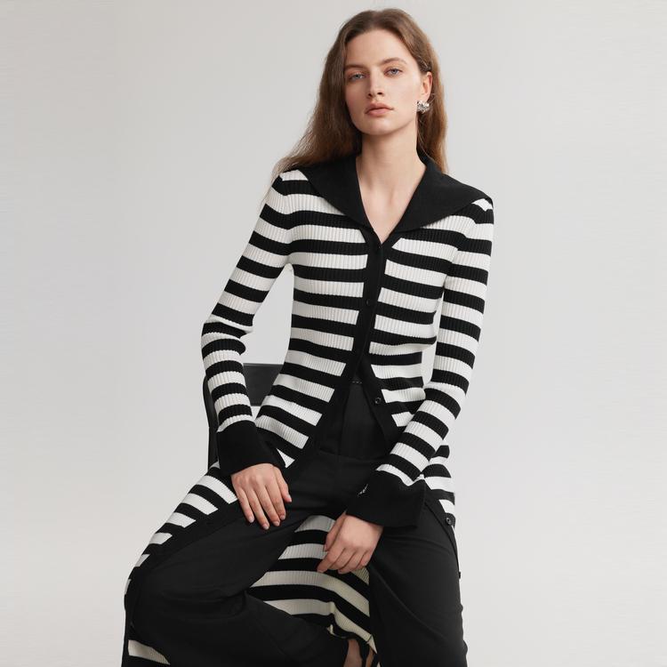ELLE Elegant Striped Long Sleeve Knit Dress Women Dresses Black White EL49387