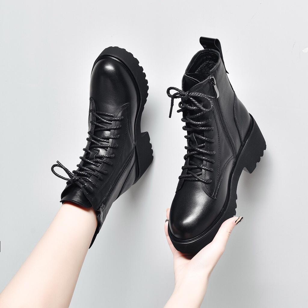 Women's boots 2025 winter new British style platform leather boots black first layer cowhide lace-up short boots casual muffin boots