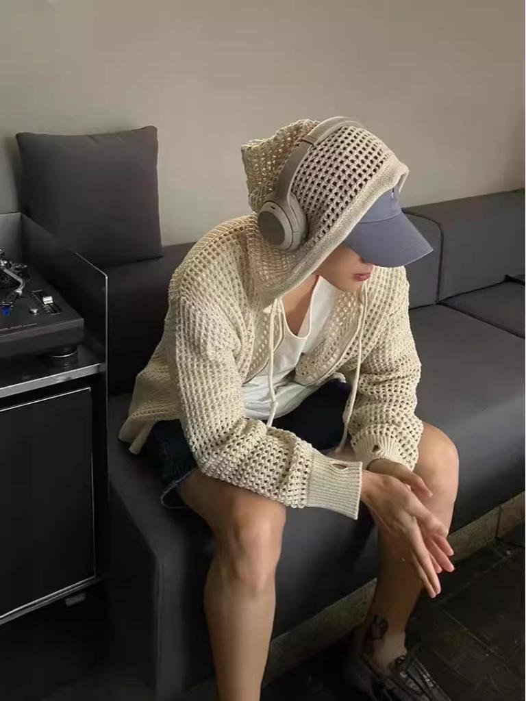 Men's High-Grade Hooded Cardigan - Lightweight Knitted Sweater, Sun-Protective, Hollow Design for Couples.