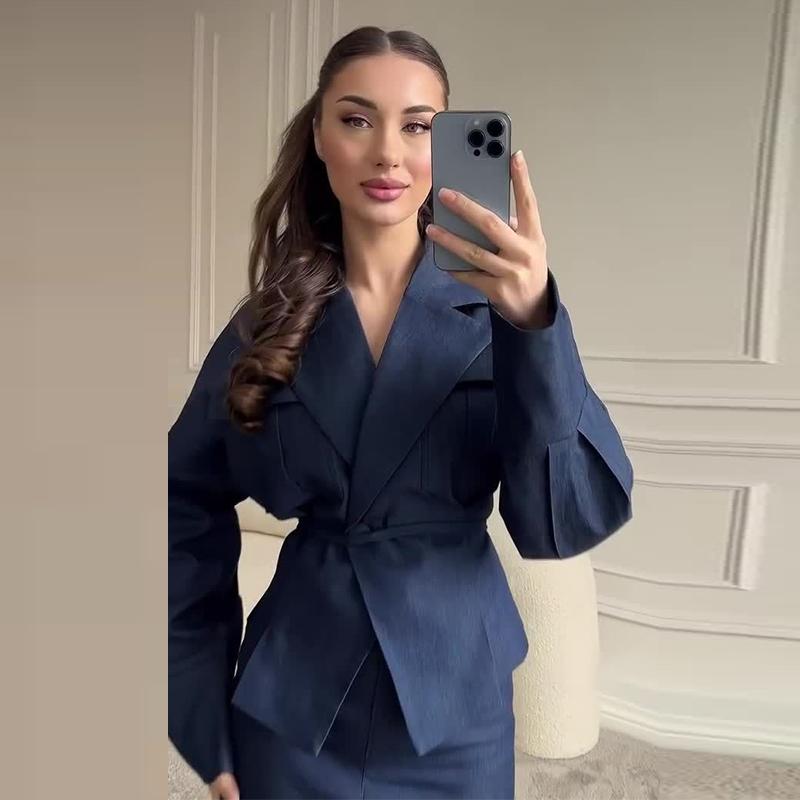 Casual Jackets Skirts Sets Women Loose V Neck Long Sleeves One Button Belt Outfits Female 2025 Summer Fashion Chic Solid Set