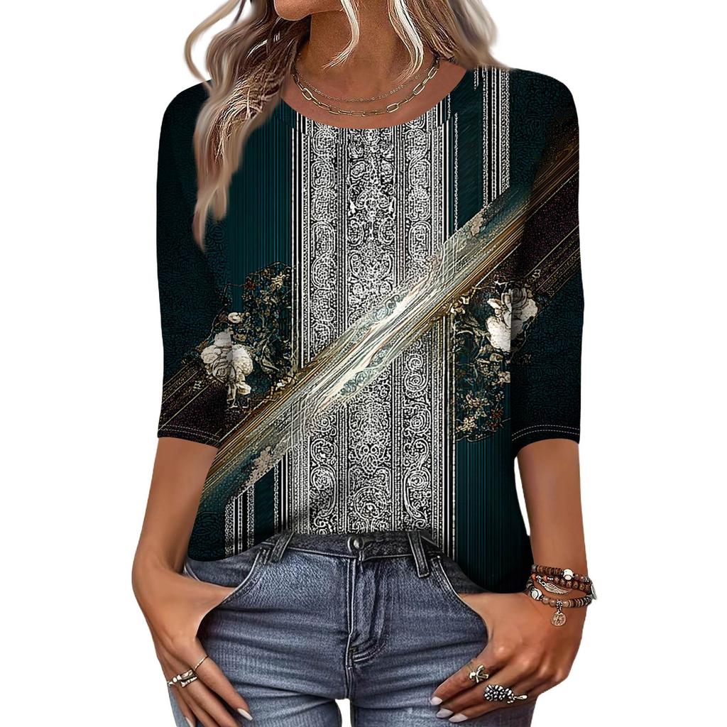 Módní vintage top s 3/4 rukávem pro ženy, dámská ležérní halenka s tříčtvrtečním rukávem a kulatým výstřihem s potiskem