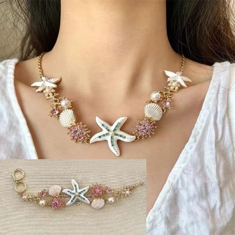 New Starfish Shell Pendant Chain Necklace Shining Retro Temperament Boho Choker Jewelry Bead Pearl Necklace Female Fashion