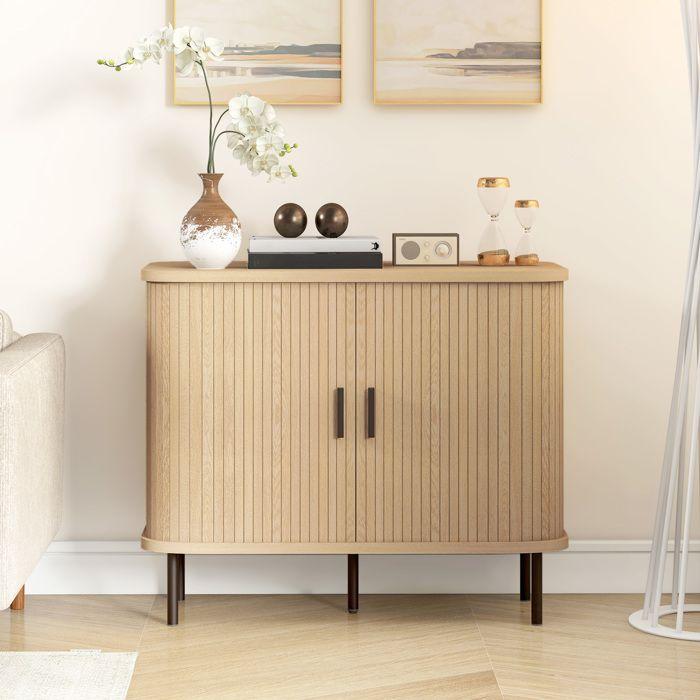 Buffet HOMCOM meuble de rangement avec portes coulissantes à lattes, armoire de cuisine avec pieds en acier, ton chêne