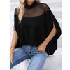 Women's High Neck Short Sleeve Mesh Batwing Top Loose Casual Elegant Blouse Solid Color Patchwork