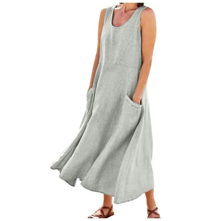 Cotton Linen Blend Summer Sleeveless Pocket Dress European American Style 19 Colors